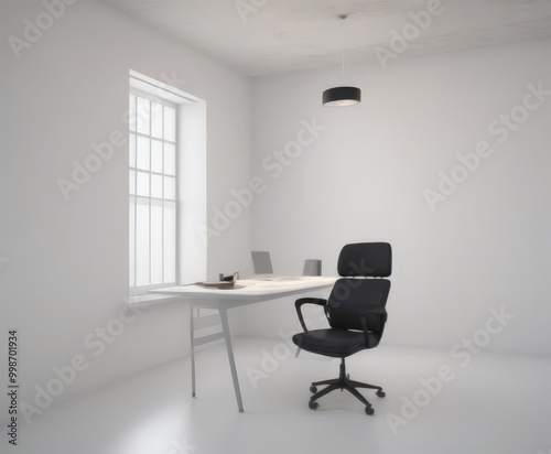 A minimalist office space with a white desk, black office chair, and a window with white blinds