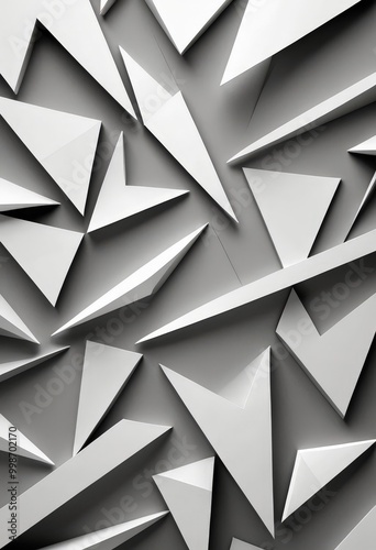 a geometric pattern composed of numerous white triangles arranged in a complex, overlapping manner The triangles vary in size and orientation, creating a photo