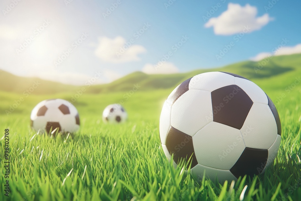 Sunlit soccer balls on vibrant green field Sunlit soccer balls on vibrant green field