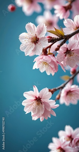 Delicate pink cherry blossoms in full bloom against a deep blue backdrop, with a blurred red object in the top left corner