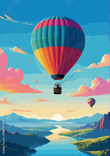 vector illustration of flying hot air balloon in beautiful blue sky for cloud outdoors