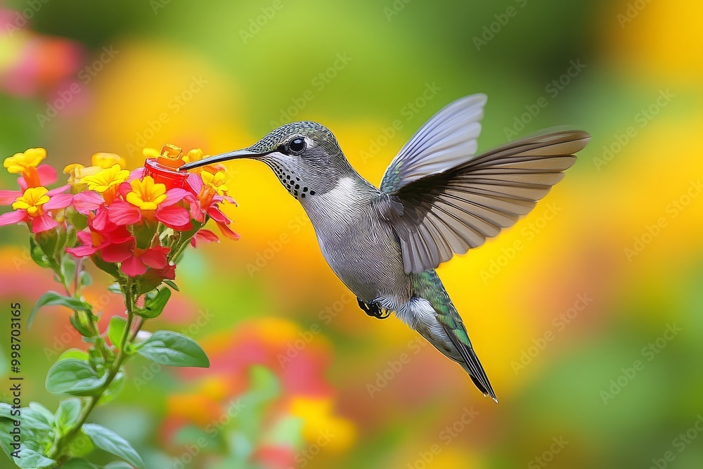 Naklejka premium Hummingbird feeding from colorful flowers