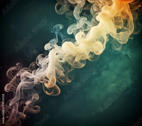 a dynamic and abstract representation of smoke, with swirling patterns of orange, white, and blue hues against a dark green background photo