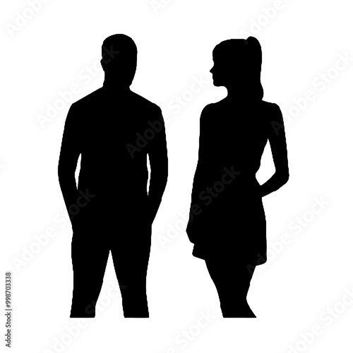 Smiley woman and man posing together vector silhouette illustration 