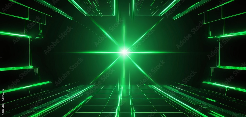 a futuristic, neon-lit environment with a grid-like pattern of glowing green lines and a bright, radiant light at the center, creating a sense of depth a futuristic, neon-lit environment with a grid-like pattern of glowing green lines and a bright, radiant light at the center, creating a sense of depth