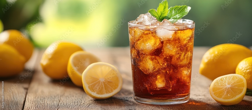 Iced tea with lemon wedges and mint garnish on a wooden table. Iced tea with lemon wedges and mint garnish on a wooden table.