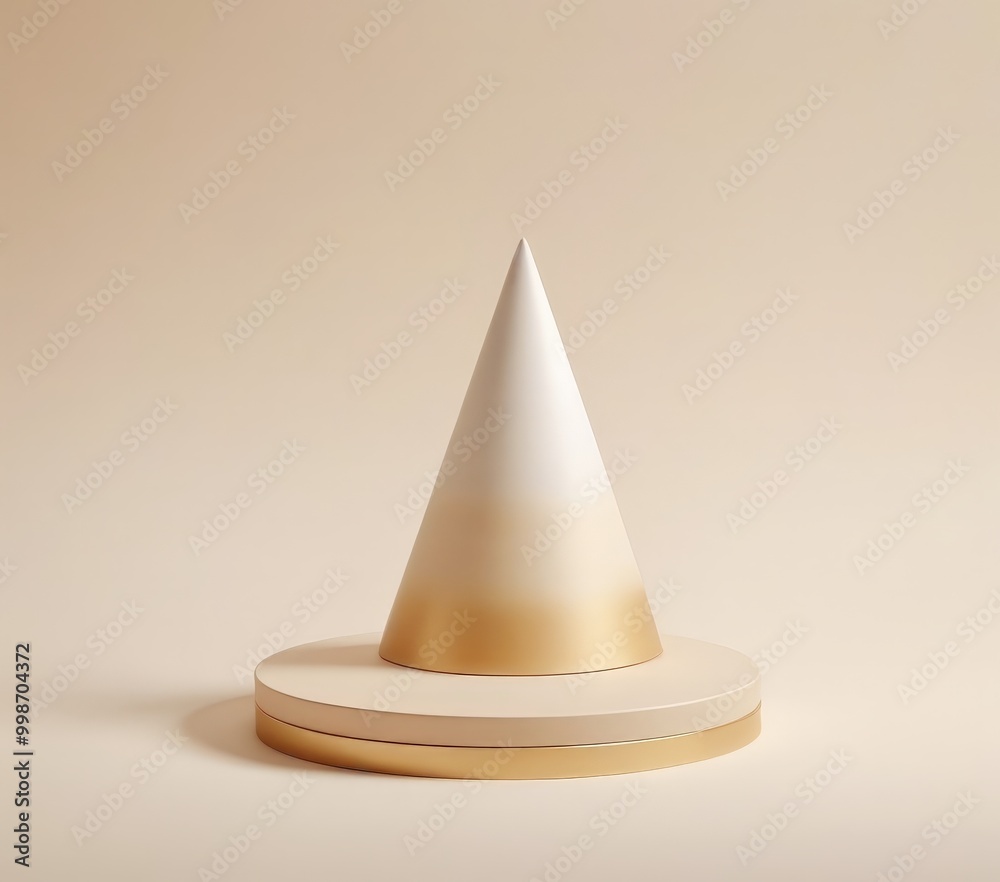 Fototapeta premium A white cone with a gold base is centered on a round platform against a light beige background