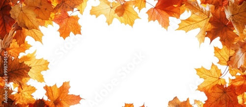Autumn leaves frame a white background with copy space.