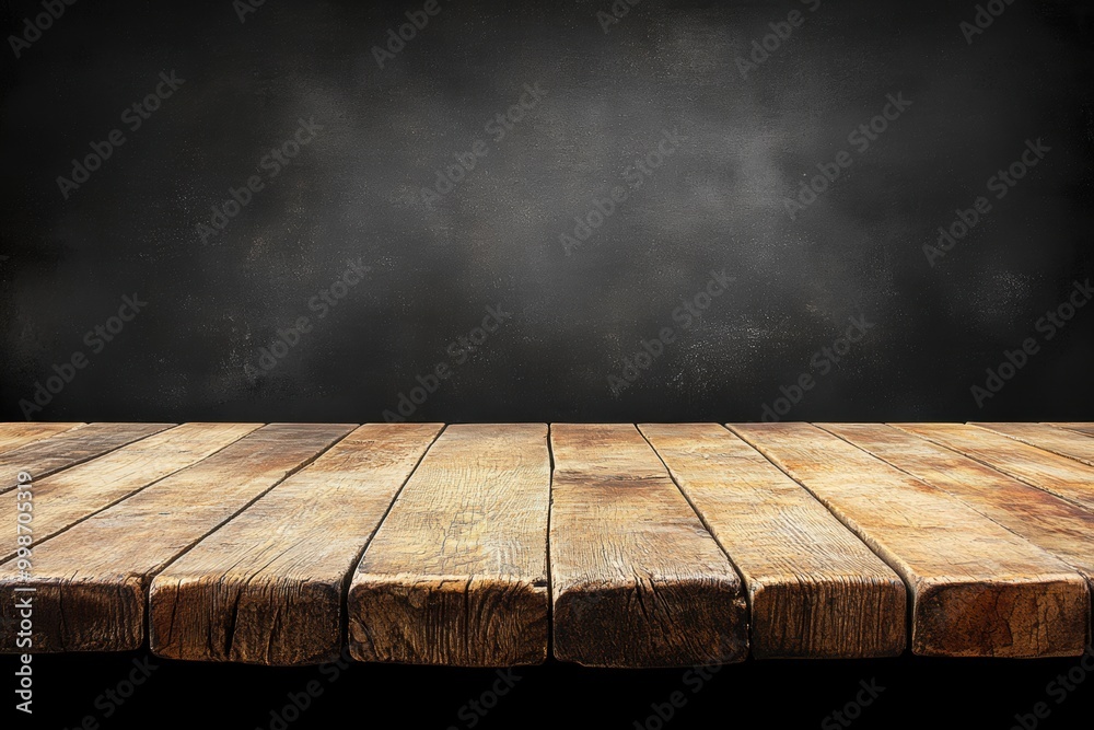 Empty wooden table with blackboard background in dark ambiance