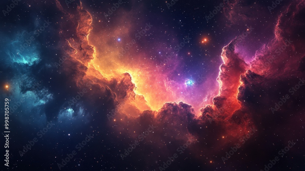 Colorful cloud nebula with stars shining bright, supernova burst in the distance, cosmic energy fills the night sky. Space science and astronomy. Colorful cloud nebula with stars shining bright, supernova burst in the distance, cosmic energy fills the night sky. Space science and astronomy.