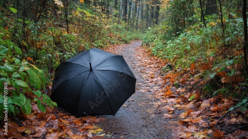 An umbrella opened on a rainy hiking trail, surrounded by wet leaves and forest greenery.