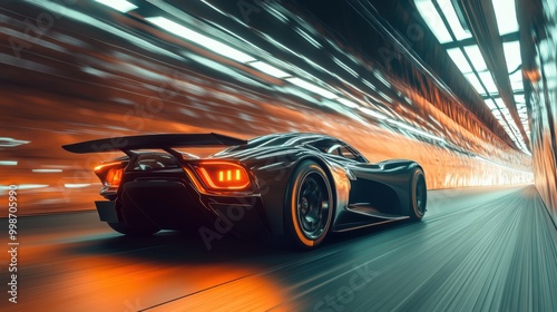 Experimental velocity prototype racing through an underground tunnel, highlighted by geometric light patterns. Hyper-realistic photography showcasing speed and design.