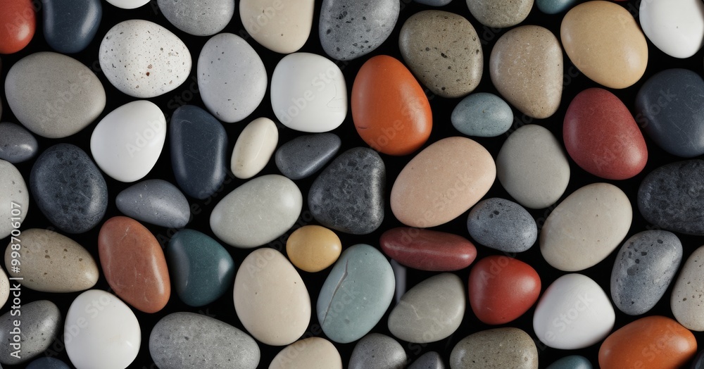 A close-up view of a collection of various colored pebbles arranged in a grid-like pattern against a black background. A close-up view of a collection of various colored pebbles arranged in a grid-like pattern against a black background.
