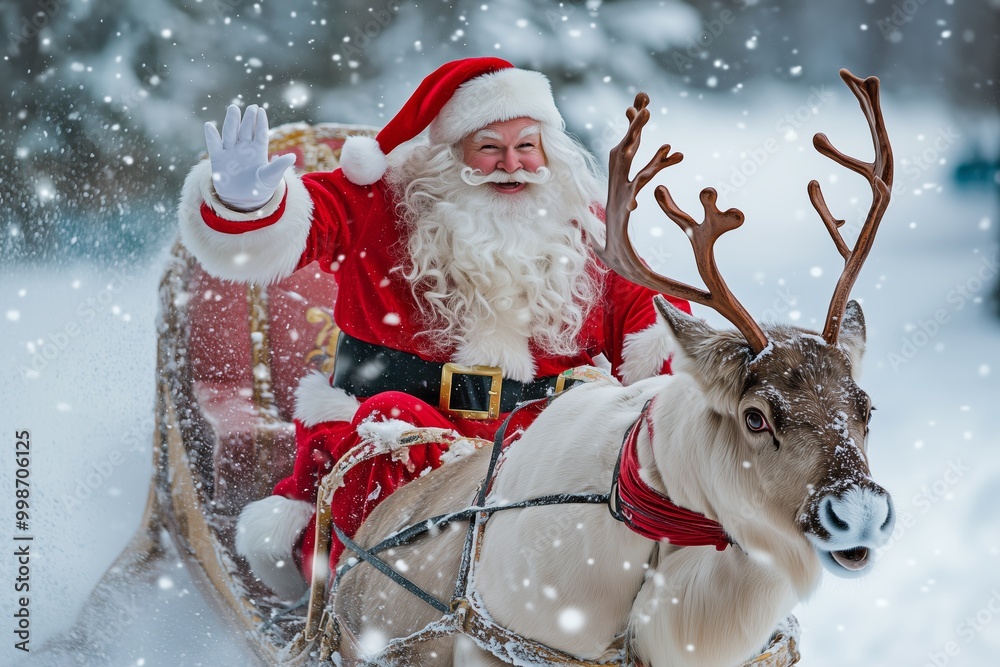 a santa claus with a beard and red costume rides on a sleigh in the snow with reindeer a santa claus with a beard and red costume rides on a sleigh in the snow with reindeer