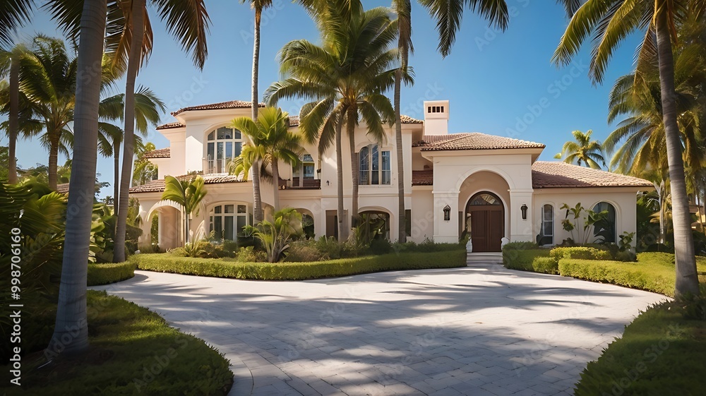 Luxury residential neighborhood buildings with architecture encircled by palm trees Luxury residential neighborhood buildings with architecture encircled by palm trees