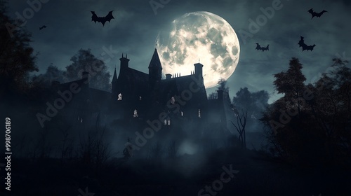 Eerie silhouettes of haunted houses, bats, and trees against a full moon backdrop.