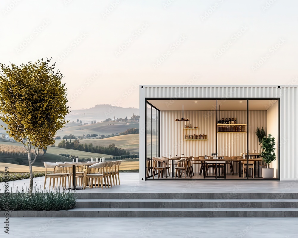 Compact container restaurant exterior with white walls, outdoor seating, and view of rolling hills Compact container restaurant exterior with white walls, outdoor seating, and view of rolling hills