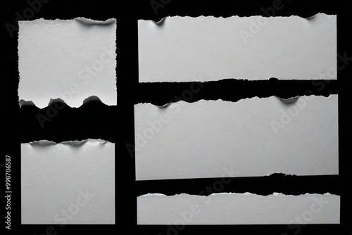 arafed pieces of paper with torn edges on a black background photo