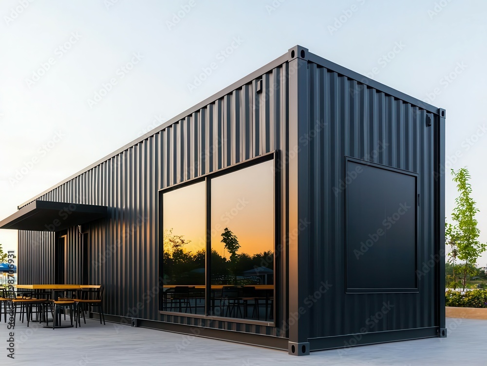 Contemporary container restaurant exterior with matte black panels, glass walls, and a view of the ocean Contemporary container restaurant exterior with matte black panels, glass walls, and a view of the ocean