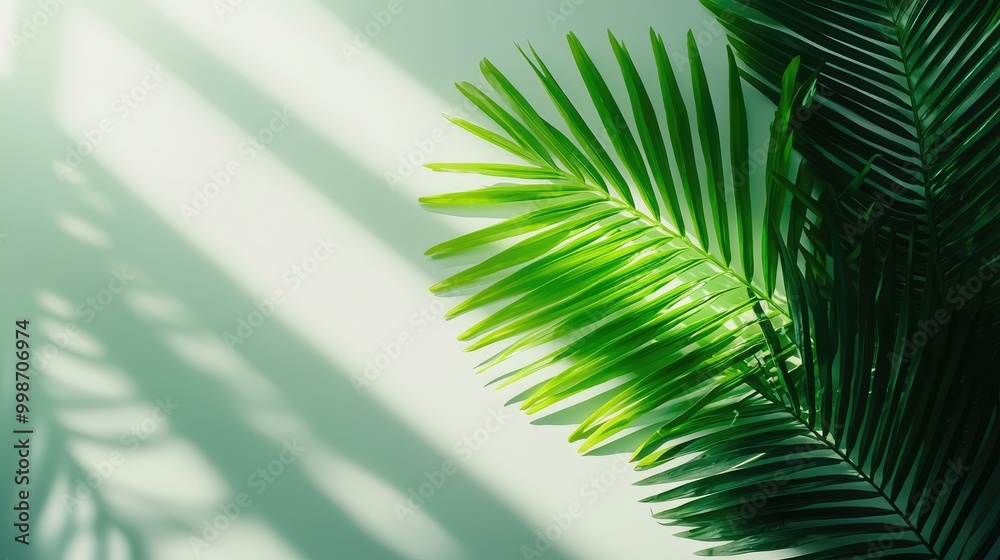 Green palm leaves casting shadows on a light background. Green palm leaves casting shadows on a light background.