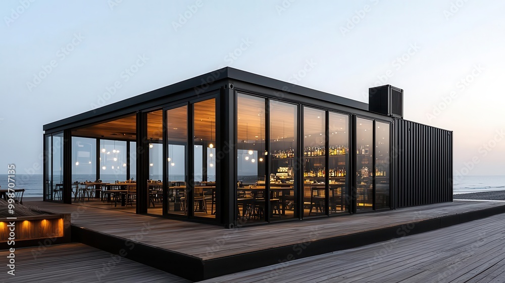 Contemporary container restaurant exterior with matte black panels, glass walls, and a view of the ocean Contemporary container restaurant exterior with matte black panels, glass walls, and a view of the ocean