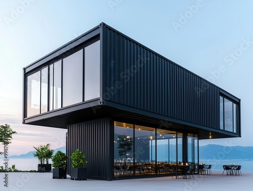 Contemporary container restaurant exterior with matte black panels, glass walls, and a view of the ocean