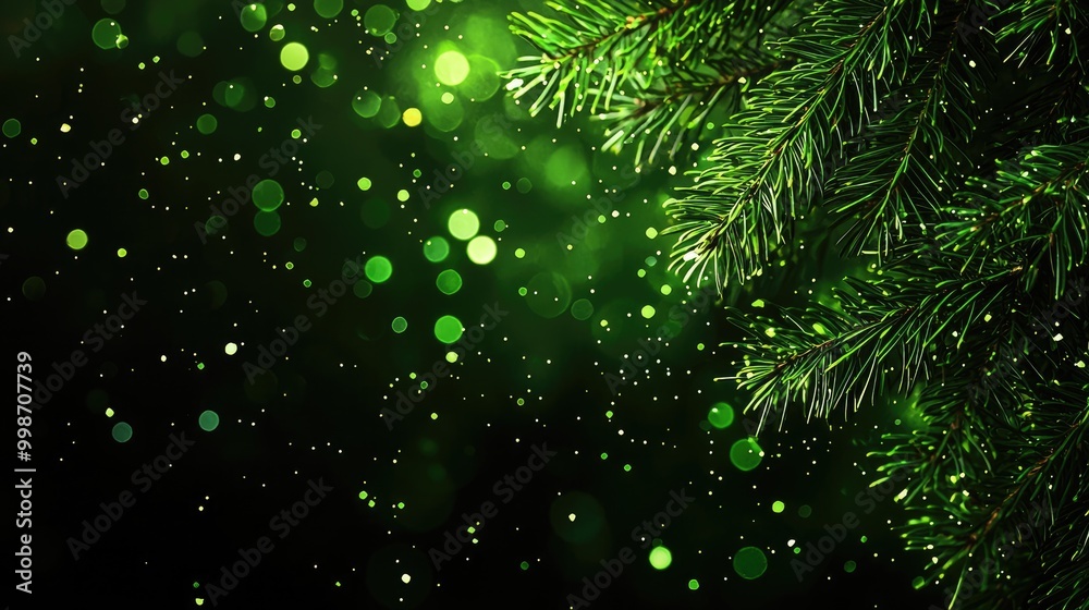 Dark background with green bokeh lights and tree branches, festive mood. Dark background with green bokeh lights and tree branches, festive mood.
