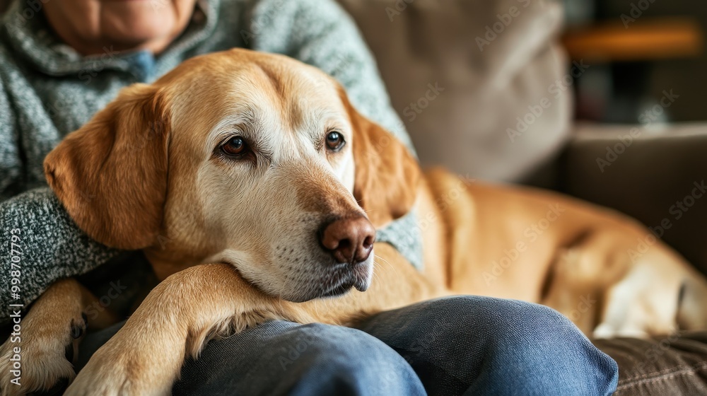 A senior person sitting on a couch with a dog resting on their lap, both enjoying a quiet emotional bond A senior person sitting on a couch with a dog resting on their lap, both enjoying a quiet emotional bond