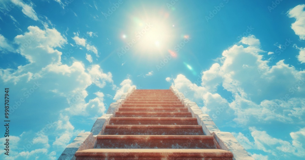 Obraz premium Heavenly stairway leading into a bright blue sky filled with fluffy white clouds and radiant sunlight shining down