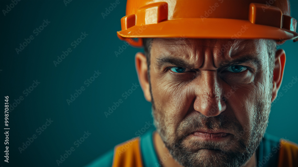 Construction worker or builder, looking angry and upset, like an architect or engineer, with a problem, stressed and unhappy, wearing a helmet Construction worker or builder, looking angry and upset, like an architect or engineer, with a problem, stressed and unhappy, wearing a helmet