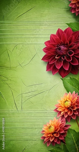 A vibrant red dahlia flower with orange petals and a yellow center is positioned on the right side of the , set against a green textured background with horizontal lines photo