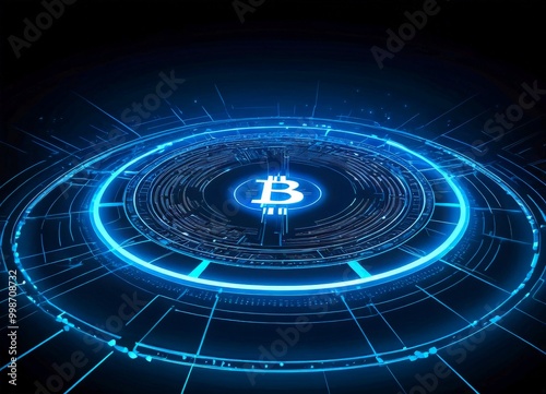 a futuristic digital interface with a glowing blue Bitcoin symbol at its center, surrounded by a network of interconnected lines and lines of code