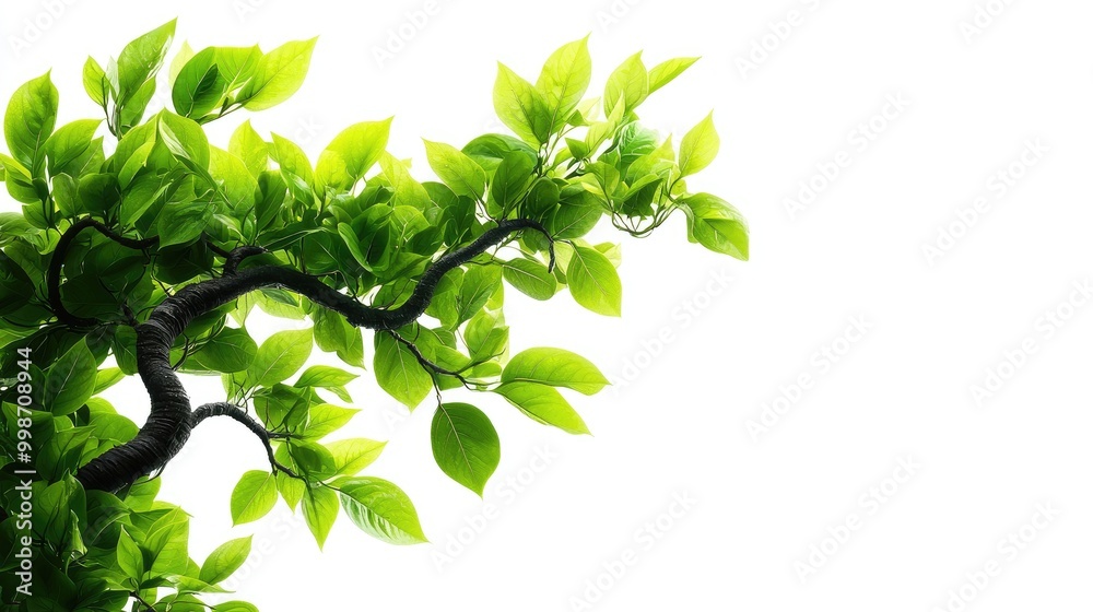 Green leaves on branch, white isolated background. Green leaves on branch, white isolated background.