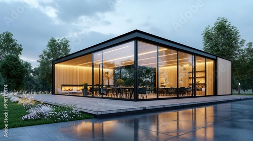Elegant container restaurant exterior with light wood finish, large windows, and view of a blooming meadow
