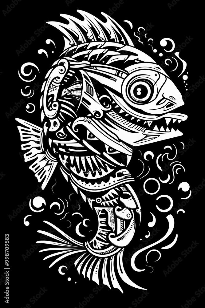 Intricate monochrome illustration of a fish with mechanical elements and swirling patterns, T-shirt print Intricate monochrome illustration of a fish with mechanical elements and swirling patterns, T-shirt print