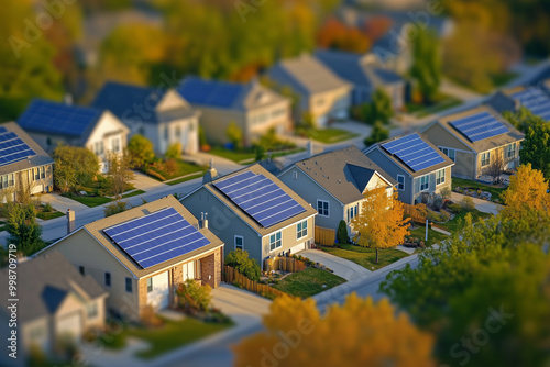 Miniature-style view of suburban homes with solar panels, emphasizing the adoption of clean, renewable energy solutions in modern neighborhoods for sustainable living