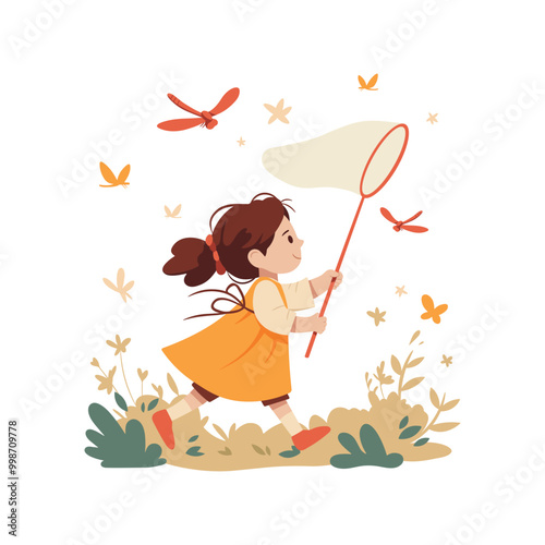 Cute girl catching butterfly with net, vector cartoon happy child running on the lawn. Kids outdoor activity. Illustration isolated on white.