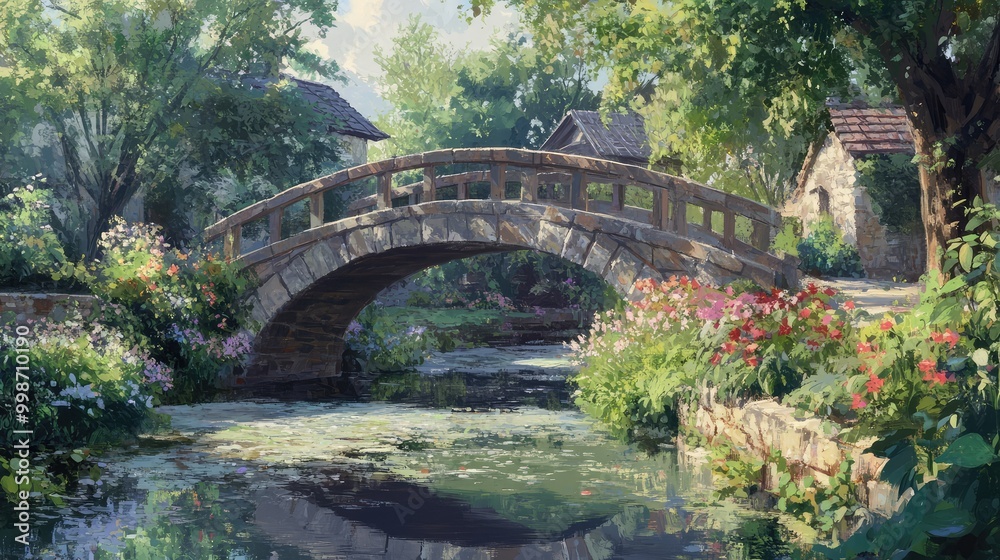 A simple stone pedestrian bridge, crossing a narrow river in a small village, with flower-lined banks on both sides A simple stone pedestrian bridge, crossing a narrow river in a small village, with flower-lined banks on both sides