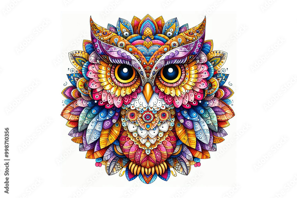 Colorful owl mandala art on a white background.