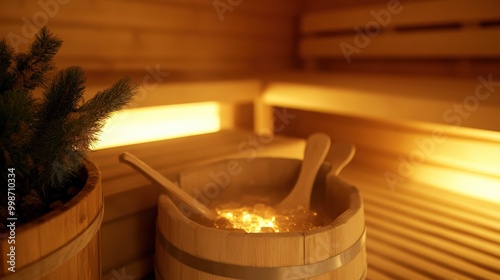 Relaxing in a traditional russian sauna banya with warm steam and birch branches photo