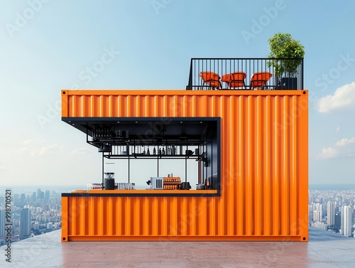 Industrial-style container restaurant exterior with rusted steel siding, rooftop bar, and urban skyline backdrop