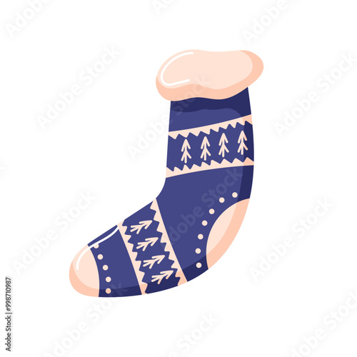 Christmas sock in blue with tree ornament in cartoon. Traditional decorative element for winter holiday design isolated on a white background.