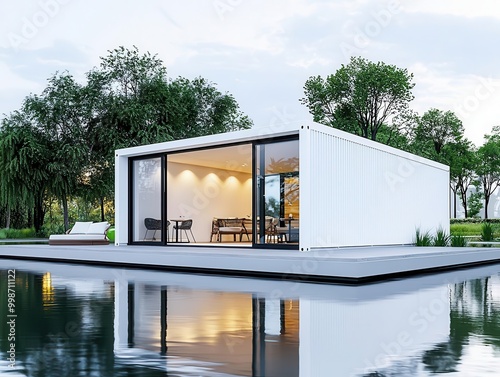 Minimalist container restaurant exterior with white facade, outdoor seating area, and surrounded by lush greenery
