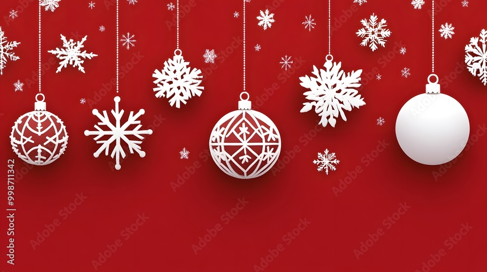 White icons of holiday ornaments and snowflakes on a red Christmas background White icons of holiday ornaments and snowflakes on a red Christmas background