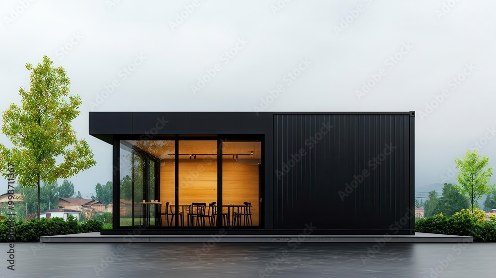 Minimalist container restaurant exterior with white facade, outdoor seating area, and surrounded by lush greenery Minimalist container restaurant exterior with white facade, outdoor seating area, and surrounded by lush greenery