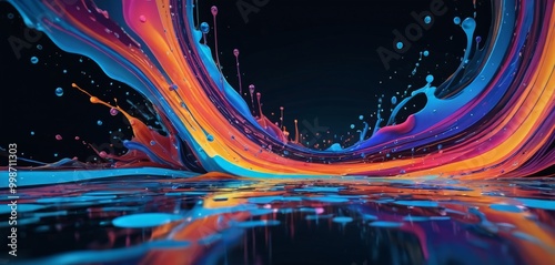 a vibrant abstract scene with a splash of color, featuring a dark background, a reflection of the splash on the water's surface, and a sense of movement and energy photo