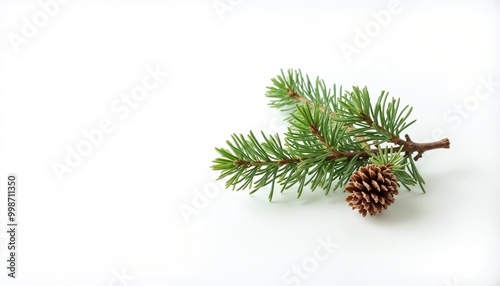 Simple evergreen branch with a pine cone on a white background for minimalistic design