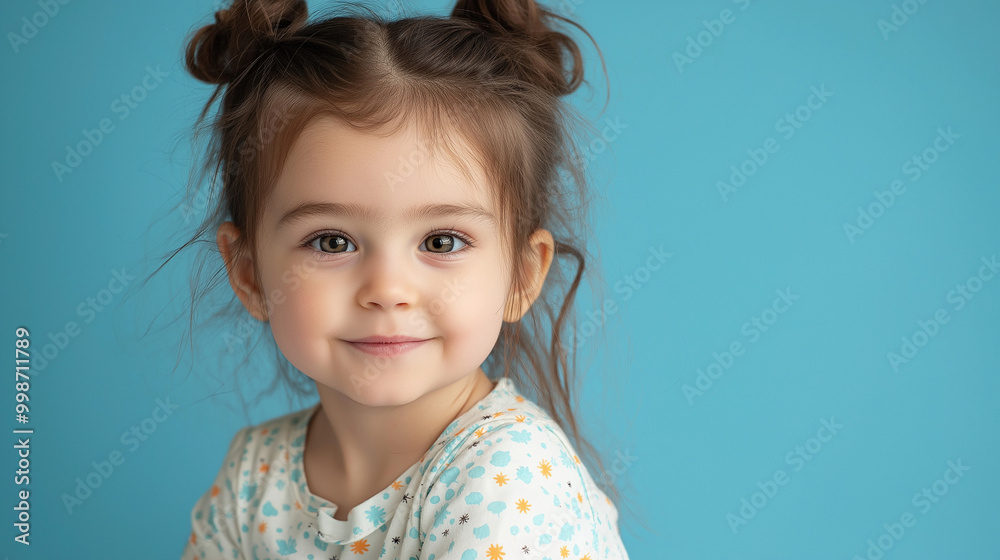 Girl in pajamas, a kid or child, wearing sleep wear in the morning or night, little toddler fashion and style, in a cute and happy blue studio portrait, copy space Girl in pajamas, a kid or child, wearing sleep wear in the morning or night, little toddler fashion and style, in a cute and happy blue studio portrait, copy space