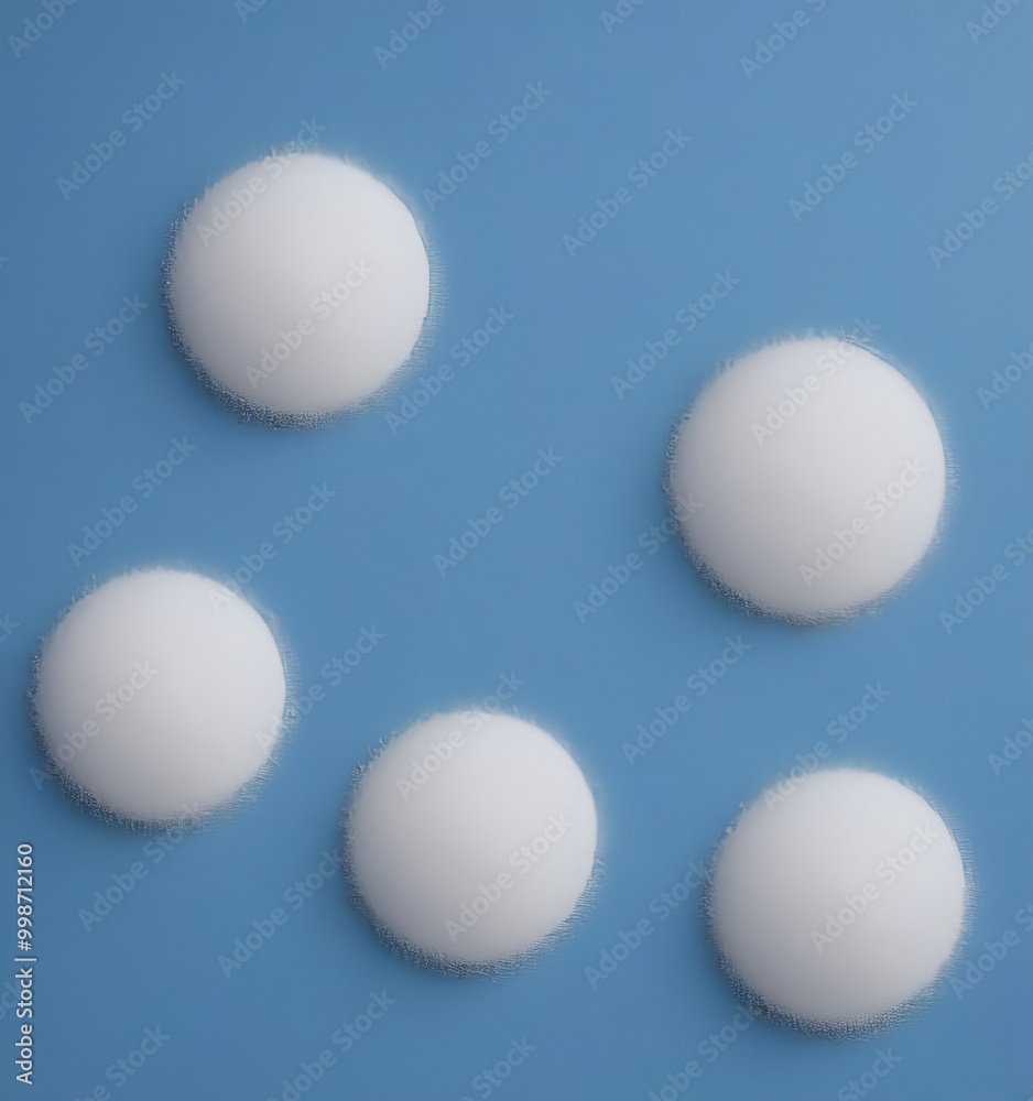 Five white spheres are arranged in a square formation against a blue background Five white spheres are arranged in a square formation against a blue background