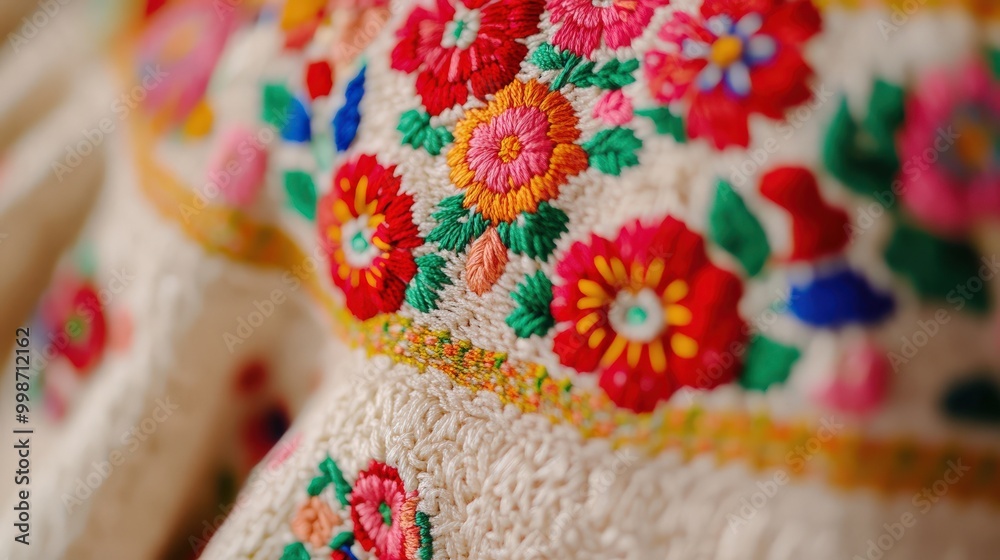 Fototapeta premium Vibrant floral embroidery on kokoshnik for spring fashion and cultural celebrations